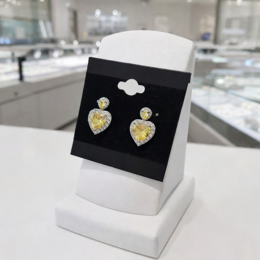 Yellow Heart Crystal Halo Drop Earrings‎ Silver Tone Romantic Jewelry Gift Box